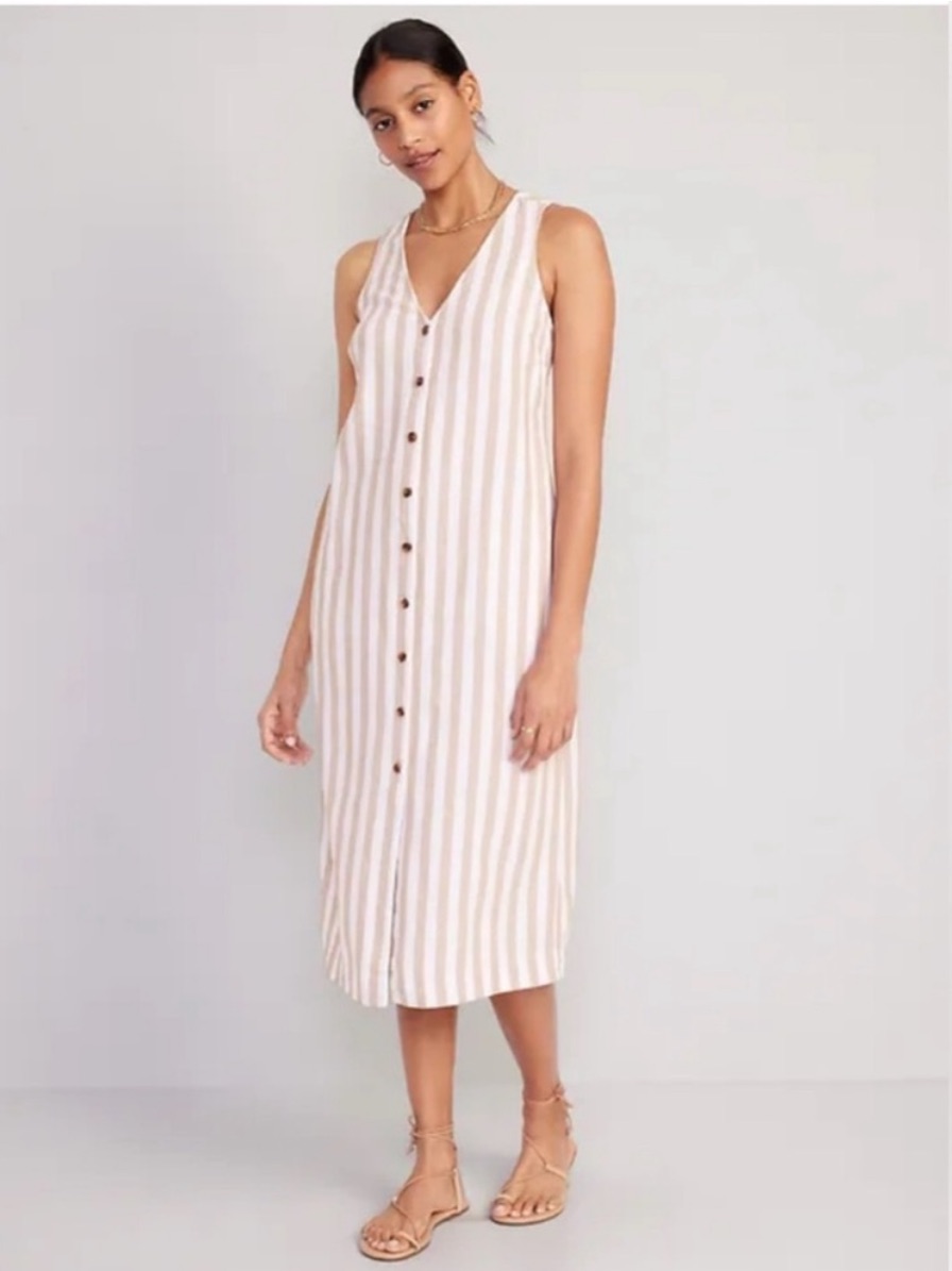 Like New Old Navy Button-Front Linen Stripe Midi Dress